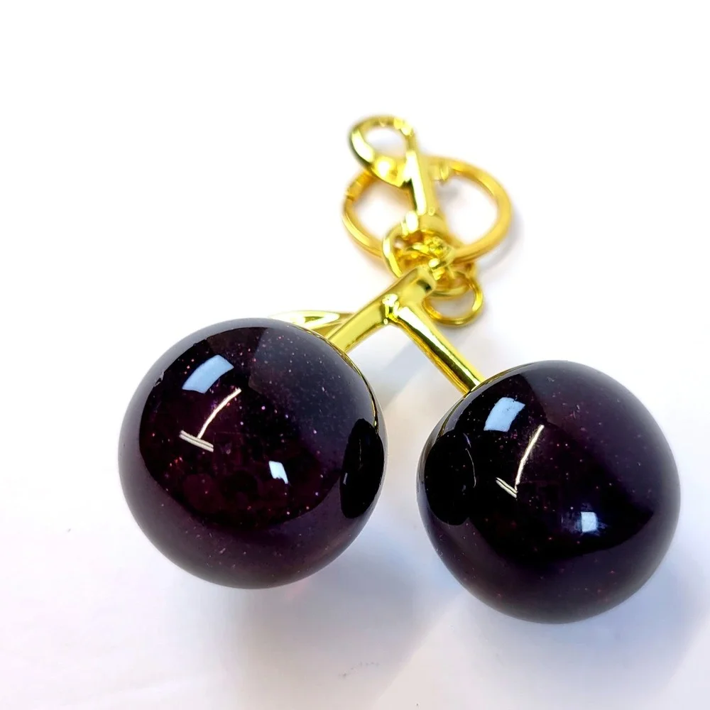 Cherry Bag Charm Glitter Resin Gold Hardware Dark Purple Womens Goth Whimsical